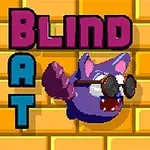 Fialový netopier s okuliarmi pred tehlovou stenou s nápisom Blind Bat