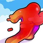 Žiarivo červená tekutá postava beží po bielej dráhe s modrým nebom v pozadí
