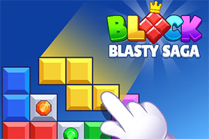 Rôznofarebné bloky ukladané na modrom pozadí, pričom biela ruka ukazuje na žlté bloky s názvom „Block Blasty Saga“ v hornej časti