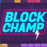 Farebné bloky obklopujú modrý nápis BLOCK CHAMP s fialovým bleskom na tmavom pozadí
