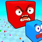 Dva kreslené kocky: červená s nahnevaným výrazom a modrá s vystrašeným, obklopené farebnými bodkami na šachovnicovom pozadí