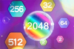 Farebné hexagóny s číslami vrátane dúhovej bubliny s číslom 2048 na fialovom pozadí