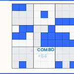 Hra zobrazuje mriežku s modrými a bielymi blokmi, textom COMBO +64 uprostred