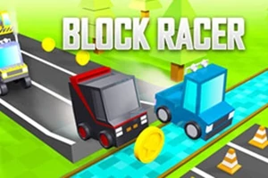 Farebná grafika s dvoma kockovými autami na ceste, mincami a nápisom BLOCK RACER
