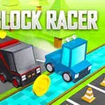 Farebná grafika s dvoma kockovými autami na ceste, mincami a nápisom BLOCK RACER