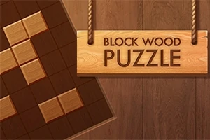 Drevené bloky usporiadané na mriežke vedľa drevenej tabule s nápisom BLOCK WOOD PUZZLE