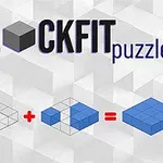 Nadpis BLOCKFIT puzzler s ilustráciou skladajúcej sa z modrých blokov a matematickým symbolom