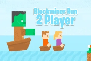 Dve kreslené postavy sediace v člnkoch na vode, pred nimi je väčšia postava pripomínajúca monštrum v člnku, s nápisom Blockminer Run 2 Player na svetlom pozadí
