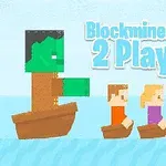 Dve kreslené postavy sediace v člnkoch na vode, pred nimi je väčšia postava pripomínajúca monštrum v člnku, s nápisom Blockminer Run 2 Player na svetlom pozadí