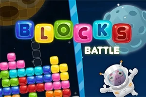 Farebné bloky na tmavom pozadí s kresleným kozmonautom a planétou