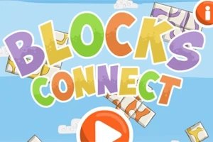 Farebný nápis BLOCKS CONNECT na modrom pozadí s oblakmi a roztrúsenými kartičkami, stredový tlačidlový symbol