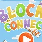Farebný nápis BLOCKS CONNECT na modrom pozadí s oblakmi a roztrúsenými kartičkami, stredový tlačidlový symbol