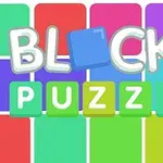 Farebný text „BLOCKS PUZZLE“ na pozadí zloženom z rôznofarebných štvorcov