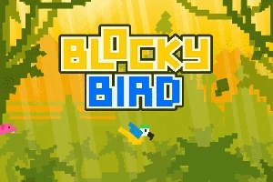 Pikselovaný vták v džungli s textom BLOCKY BIRD na svetlom pozadí