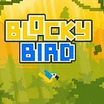 Pikselovaný vták v džungli s textom BLOCKY BIRD na svetlom pozadí