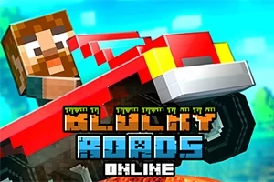 Postava s kockovaným vzhľadom jazdí na červenom aute s nápisom BLOCKY ROADS ONLINE na farebnom pozadí