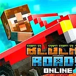 Postava s kockovaným vzhľadom jazdí na červenom aute s nápisom BLOCKY ROADS ONLINE na farebnom pozadí