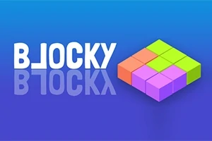 Text BLOCKY vedľa farebnej skladačky pozostávajúcej z oranžových, zelených a fialových kociek na modrom pozadí