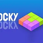 Text BLOCKY vedľa farebnej skladačky pozostávajúcej z oranžových, zelených a fialových kociek na modrom pozadí