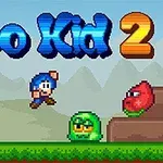 Pixelovaný obrázok ukazuje modrovlásého chlapca skákajúceho medzi stromom a červenou truhlou, so zeleným a červeným slizom na tráve, na pozadí hôr