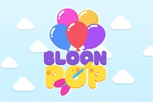 Farebné balóny nad nápisom BLOON POP na modrom pozadí s oblakmi