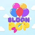 Farebné balóny nad nápisom BLOON POP na modrom pozadí s oblakmi