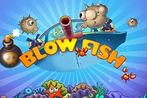 Farebné morské prostredie s nafúknutými rybami, krabmi a bombou, s nápisom „Blow Fish“ na modrom pozadí