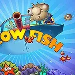 Farebné morské prostredie s nafúknutými rybami, krabmi a bombou, s nápisom „Blow Fish“ na modrom pozadí