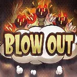 Nápis BLOW OUT v oblaku obklopený horiacimi bombami na tmavom pozadí