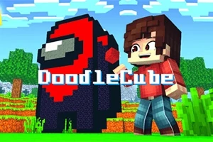 Postava s kockovaným dizajnom stojí vedľa veľkého pixelového charakteru v prírode s nápisom „DoodleCube“