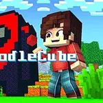 Postava s kockovaným dizajnom stojí vedľa veľkého pixelového charakteru v prírode s nápisom „DoodleCube“