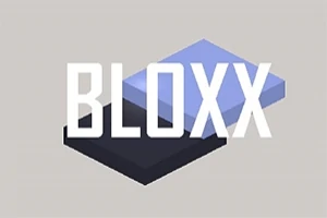 Nápis BLOXX na sivom pozadí so svetlomodrým a tmavým blokom