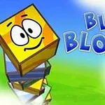 Žltá kocka s usmievavou tvárou stojí na stohu modrých a zelených blokov vedľa nápisu Blue Blox 2 na modro-zelenej pozadí