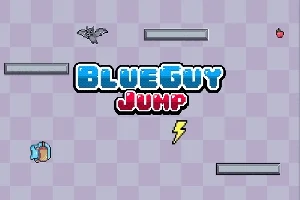 Modrý nápis BlueGuy Jump na šachovnicovom pozadí s postavičkou, netopierom, bleskom a jablkom