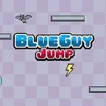 Modrý nápis BlueGuy Jump na šachovnicovom pozadí s postavičkou, netopierom, bleskom a jablkom