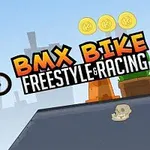 Kreslená postavička skáče na BMX bicykli na rampe so zbierateľnými mincami a logom hry