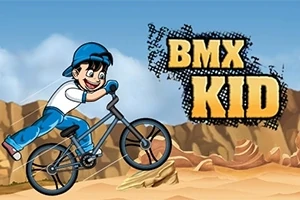 Chlapec na BMX bicykli jazdiaci v púštnej krajine s nápisom BMX Kid na oblohe