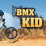 Chlapec na BMX bicykli jazdiaci v púštnej krajine s nápisom BMX Kid na oblohe
