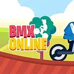 Karikatúrny cyklista na BMX bicykli na farebnej dráhe s nápisom BMX Online v pozadí