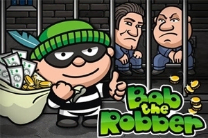 Ilustrácia maskovaného zlodeja s vrecom peňazí, dvoma zajatcami v cele a názvom Bob the Robber