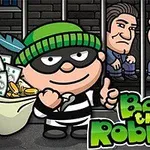 Ilustrácia maskovaného zlodeja s vrecom peňazí, dvoma zajatcami v cele a názvom Bob the Robber