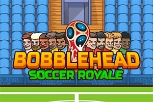 Kreslené postavy s veľkými hlavami nad nápisom Bobblehead Soccer Royale na pozadí s modrými sedačkami