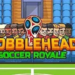Kreslené postavy s veľkými hlavami nad nápisom Bobblehead Soccer Royale na pozadí s modrými sedačkami