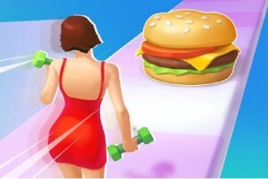Žena v červených šatách s činkami kráča po farebnom chodníku smerom k veľkému hamburgeru