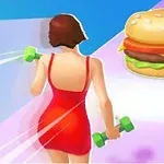 Žena v červených šatách s činkami kráča po farebnom chodníku smerom k veľkému hamburgeru