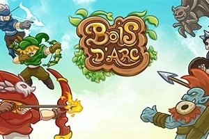 Farebné kreslené postavičky v akcii s názvom Bois DArc uprostred