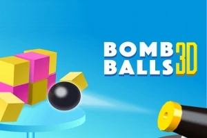 Kanon vystreľuje čiernu guľu na vežu zloženú z farebných blokov s nápisom Bomb Balls 3D na modrom pozadí