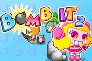 Farebná ilustrácia s nápisom Bomb It 2, postavičkami a palmou na modrom pozadí