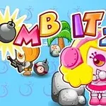 Farebná ilustrácia s nápisom Bomb It 2, postavičkami a palmou na modrom pozadí