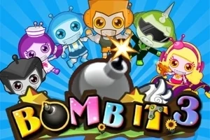 Farebné kreslené postavičky s robotickým vzhľadom okolo veľkej bomby a textu Bomb It 3 na modrom pozadí